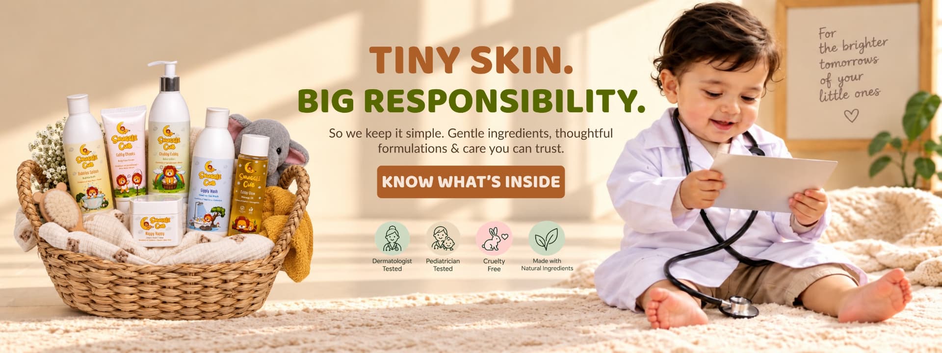 Baby in a doctor's coat beside a basket of Snuggle Cub products · Tiny skin, big responsibility
