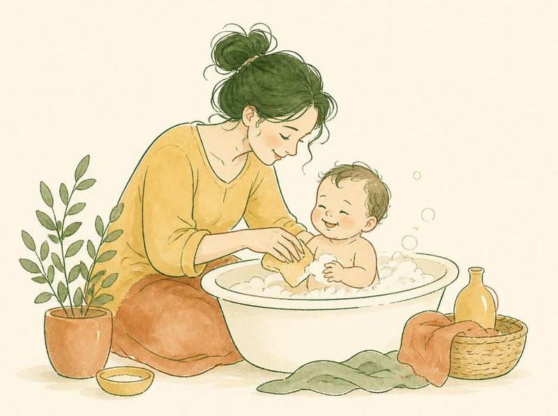 Illustration of the bath time ritual with a mother and baby