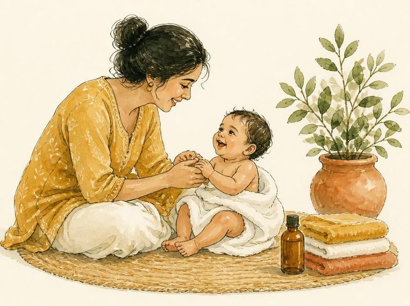 Parent applying Snuggle Cub Ayurvedic baby care during a daily ritual