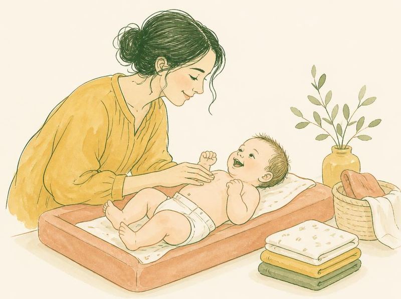 Illustration of the bum & rash care ritual with a mother and baby