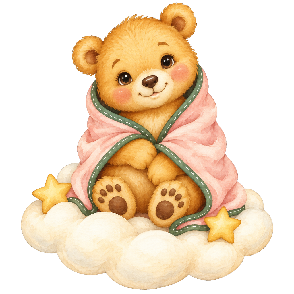 Storybook bear cub wrapped in a soft pink blanket