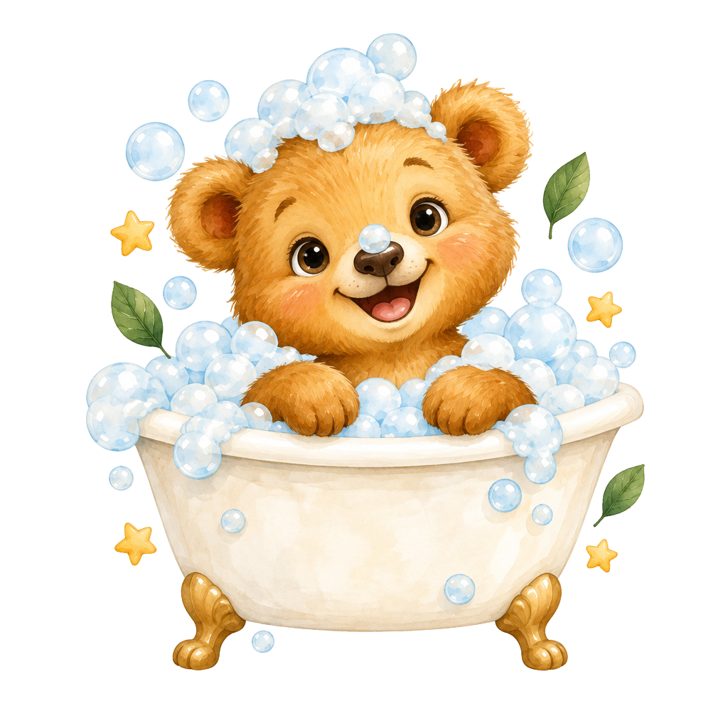 Storybook bear cub enjoying a bubbly bath