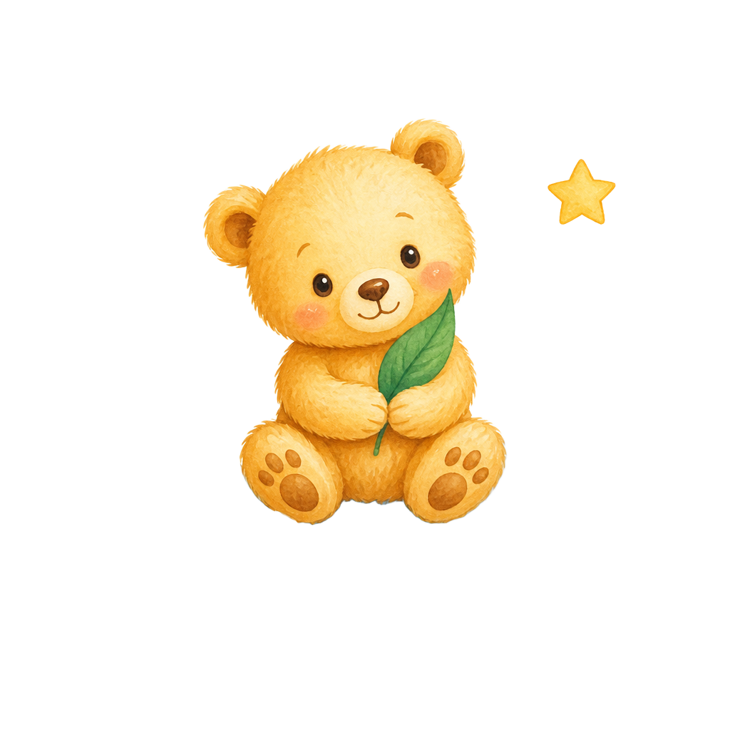 Storybook bear cub holding a leaf