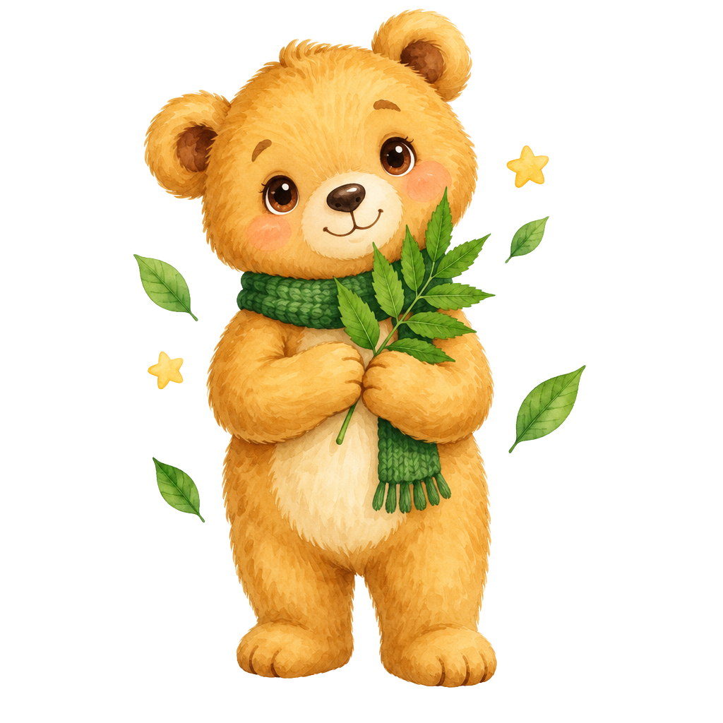 Storybook bear cub holding fresh green leaves