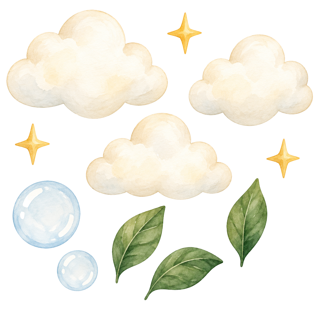 Storybook clouds, stars, bubbles and leaves